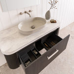 ADP Royale vanity benchtop upgrade in white marble-look finish with rounded bullnose edge, shown on a bathroom vanity