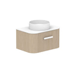 ADP Surry wall hung vanity in woodgrain with white Durasein benchtop and round basin, angled front view