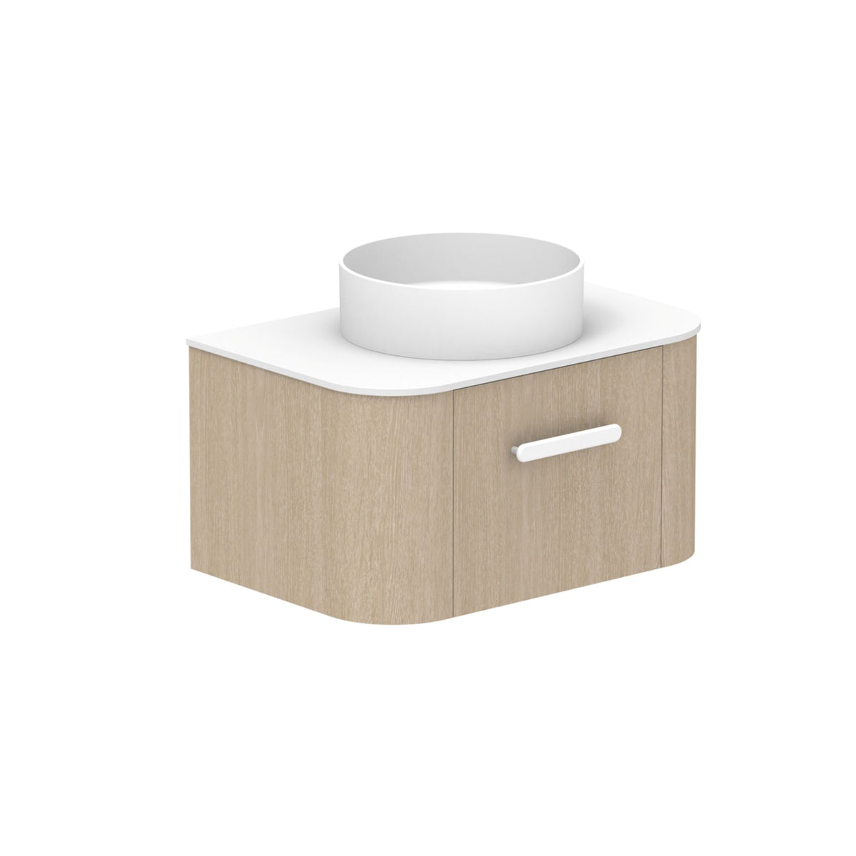 ADP Surry wall hung vanity in woodgrain with white Durasein benchtop and round basin, angled front view