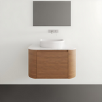 ADP Surry wall hung vanity with woodgrain finish and white Durasein benchtop, shown in a bathroom setting with basin and wall tapware