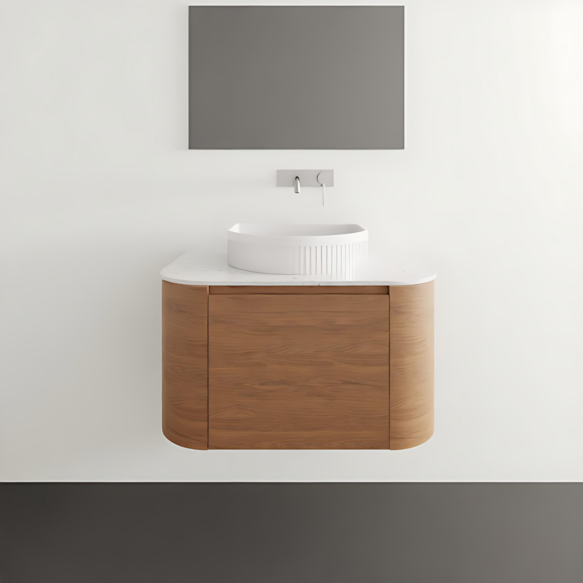 ADP Surry wall hung vanity with woodgrain finish and white Durasein benchtop, shown in a bathroom setting with basin and wall tapware