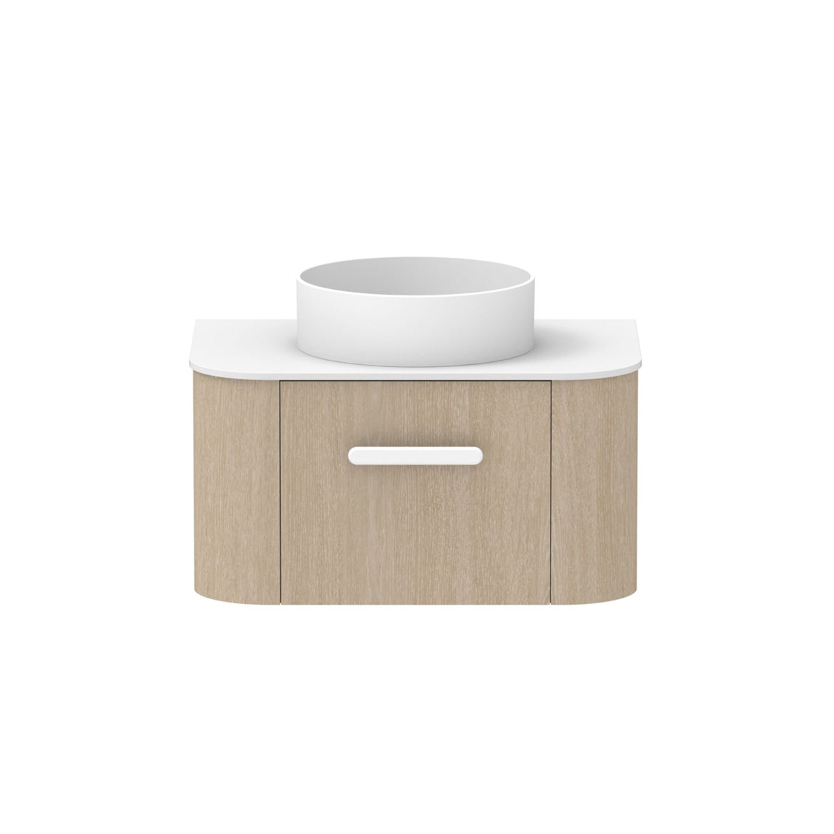 ADP Surry wall hung vanity in woodgrain with white Durasein top and round basin, front view