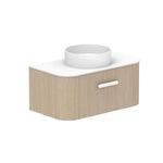 ADP Surry wall hung vanity with white Durasein benchtop, woodgrain finish, curved front and white basin, angled view
