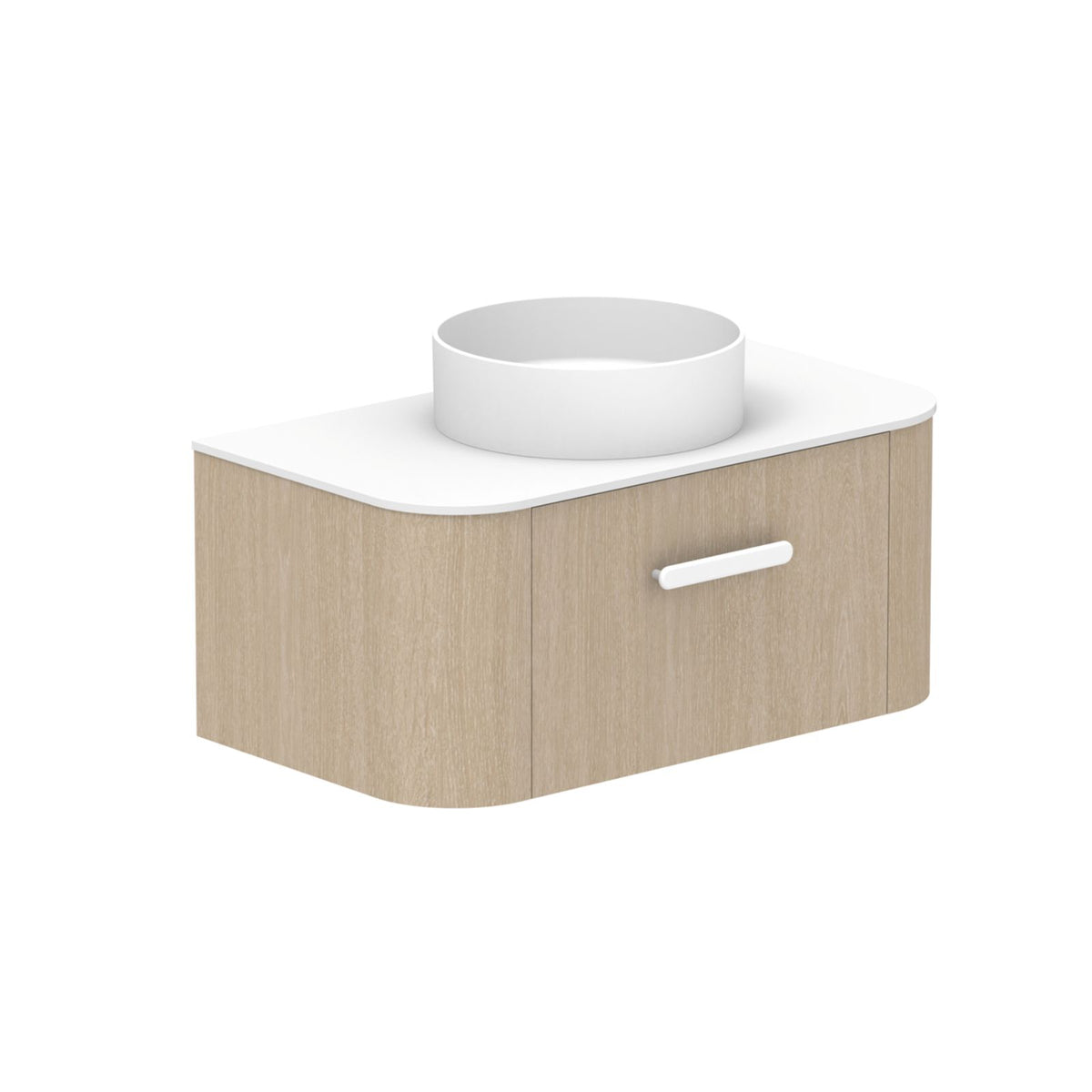 ADP Surry wall hung vanity with white Durasein benchtop, woodgrain finish, curved front and white basin, angled view