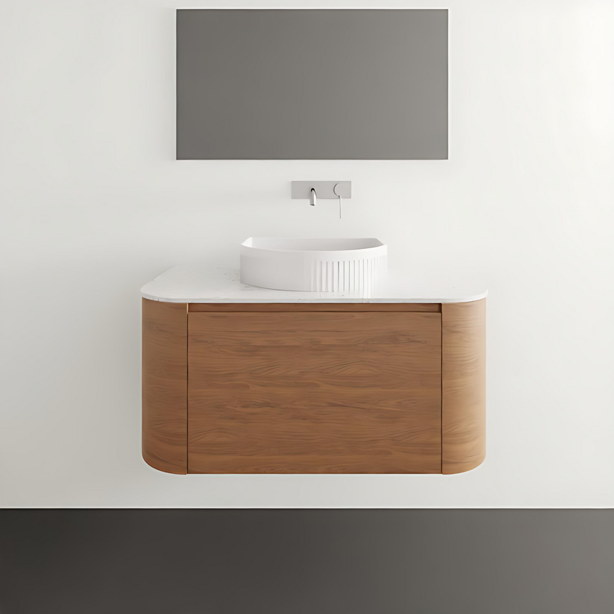 ADP Surry wall hung vanity with white Durasein benchtop, woodgrain curved cabinet and round basin in bathroom setting