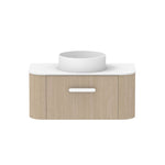 ADP Surry wall hung vanity with white Durasein benchtop, woodgrain finish and curved drawer front, front view