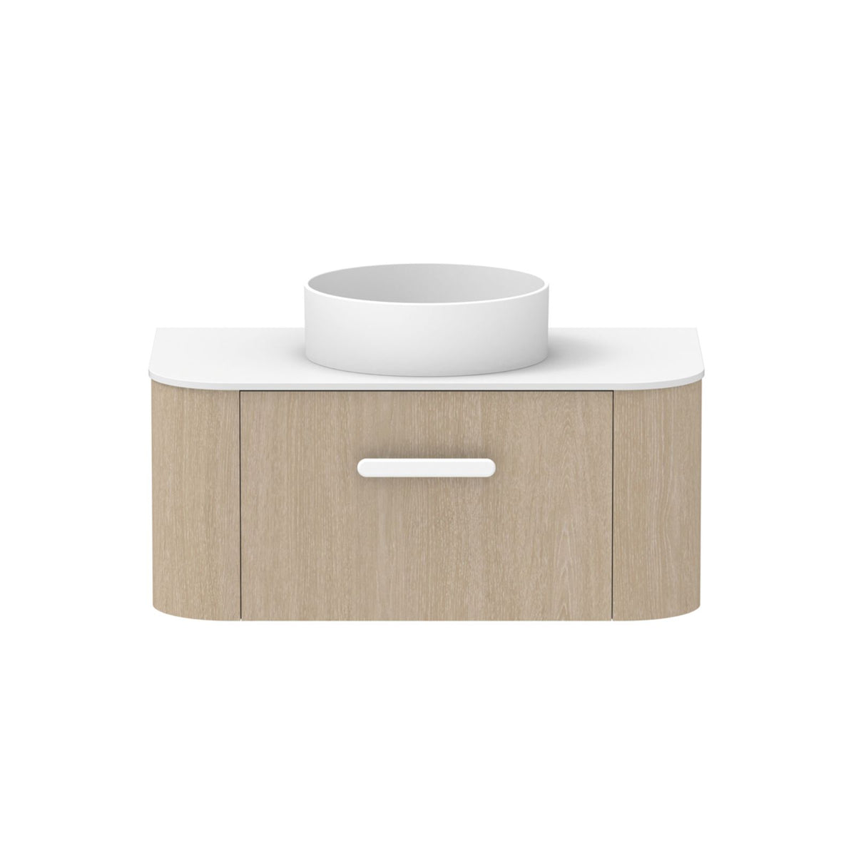 ADP Surry wall hung vanity with white Durasein benchtop, woodgrain finish and curved drawer front, front view
