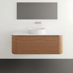 ADP Surry wall hung vanity with woodgrain finish and white Durasein benchtop, shown front on with rounded ends