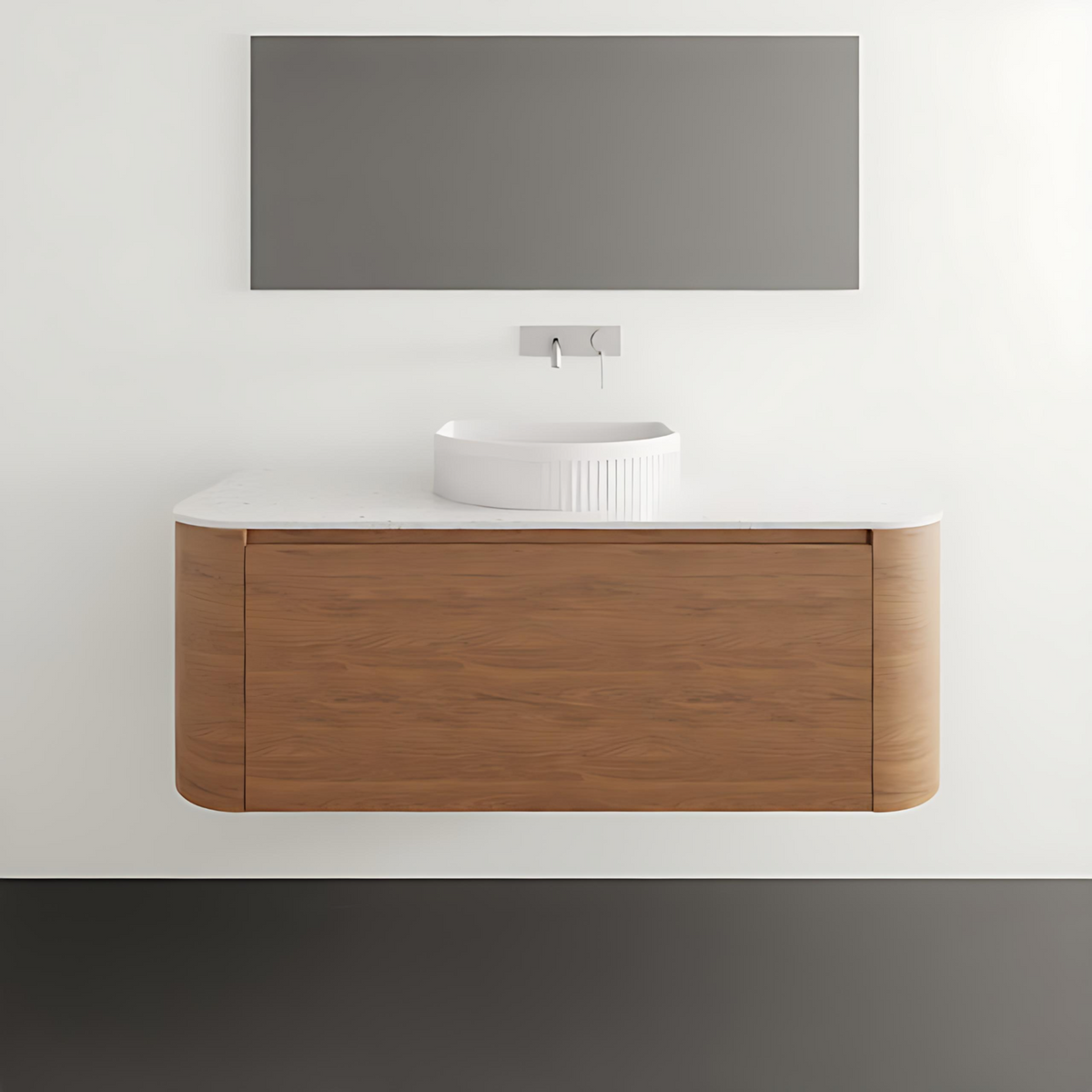 ADP Surry wall hung vanity with woodgrain finish and white Durasein benchtop, shown front on with rounded ends