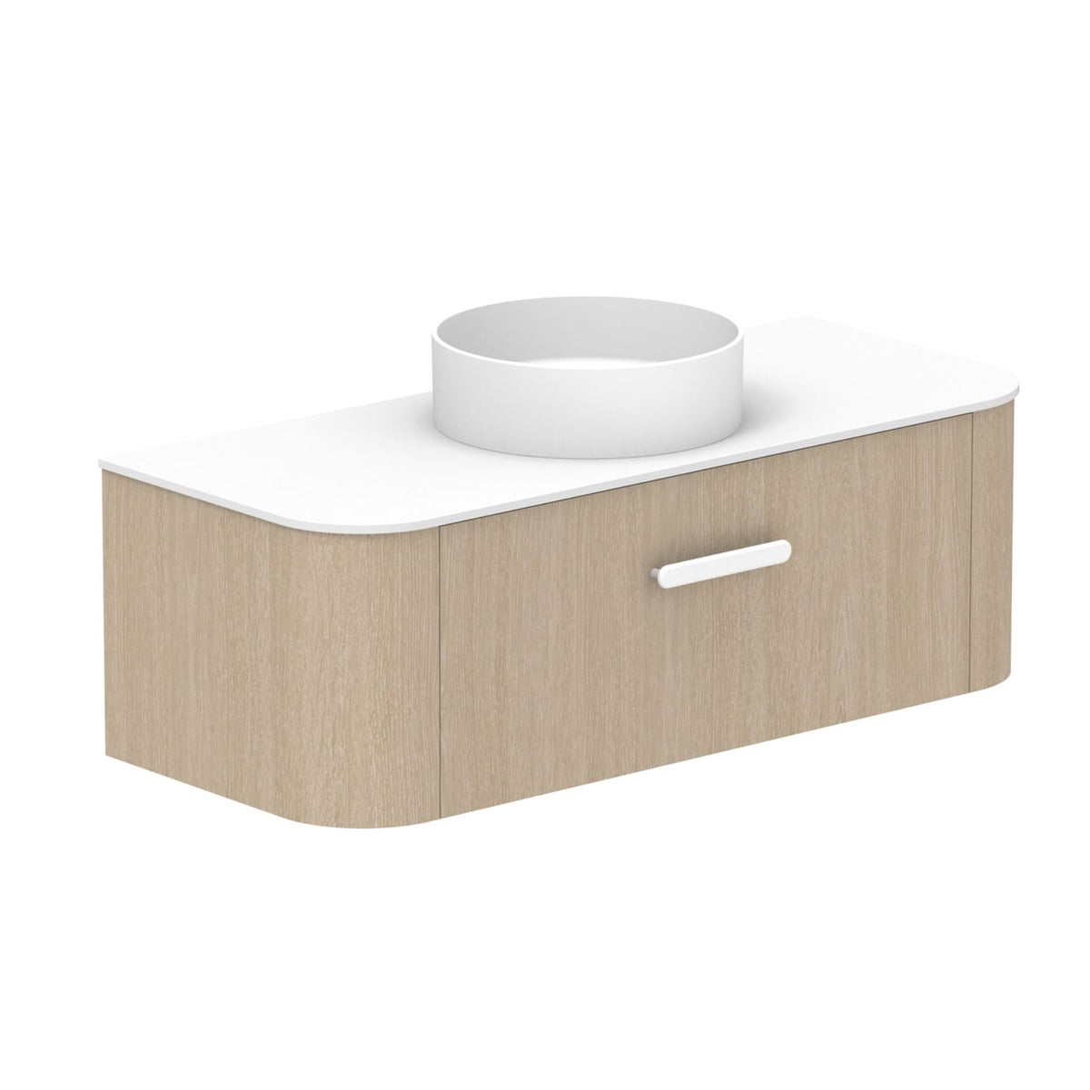 ADP Surry wall hung vanity in woodgrain with white Durasein benchtop and rounded basin cut-out, angled view
