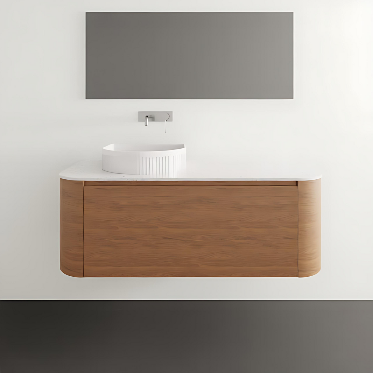 ADP Surry wall hung vanity in woodgrain with white benchtop and curved front, shown with round basin in bathroom setting