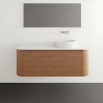 ADP Surry wall hung vanity in woodgrain with white benchtop, curved ends and centre bowl basin in a minimalist bathroom