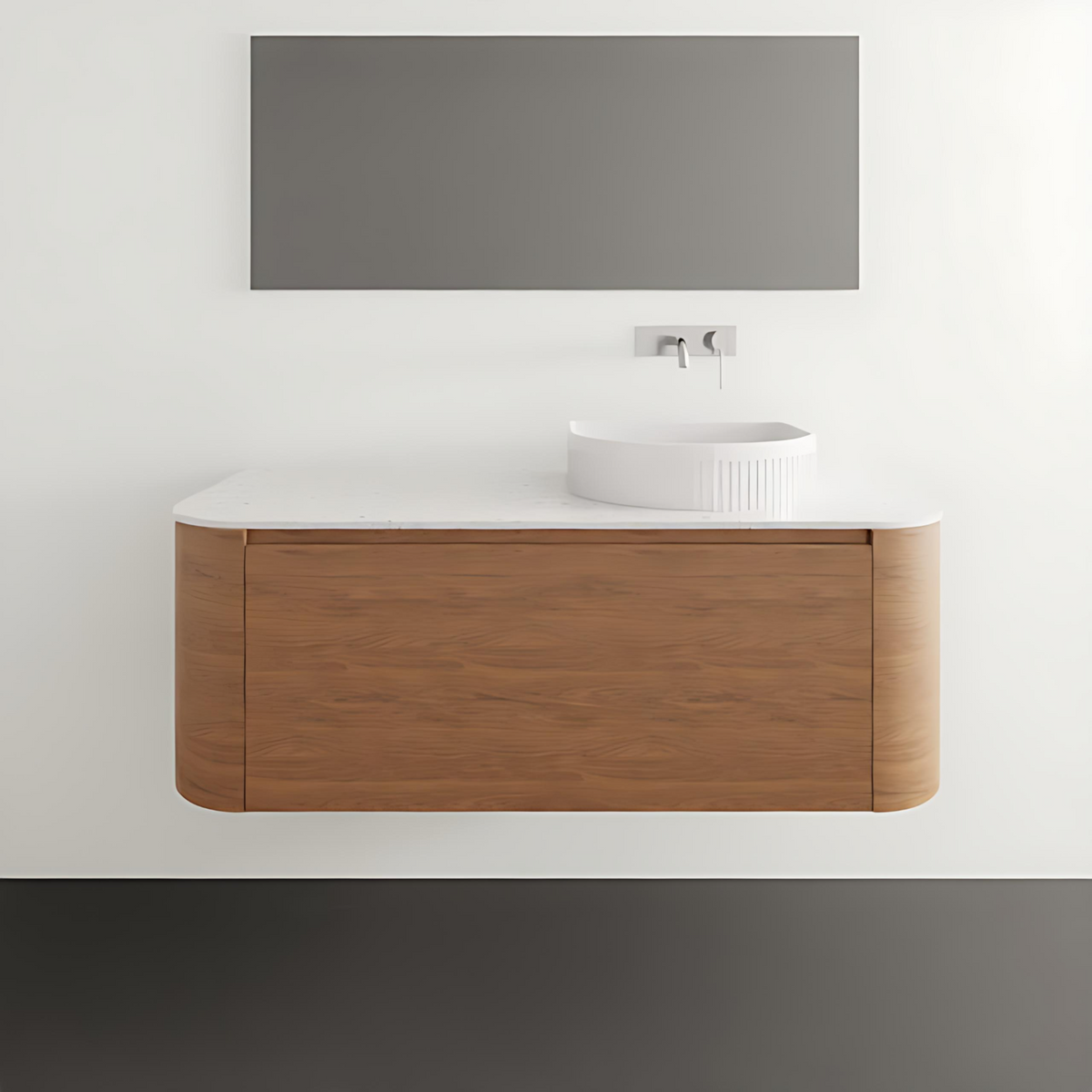 ADP Surry wall hung vanity in woodgrain with white benchtop, curved ends and centre bowl basin in a minimalist bathroom