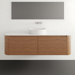 ADP Surry wall hung vanity with woodgrain drawers and white benchtop, shown front on in a bathroom setting