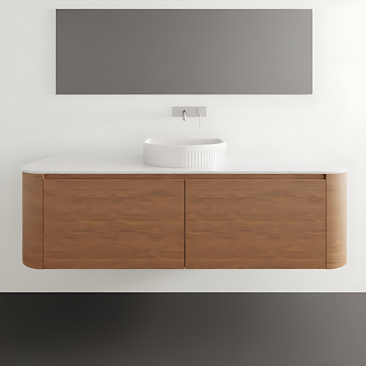 ADP Surry wall hung vanity with woodgrain drawers and white benchtop, shown front on in a bathroom setting