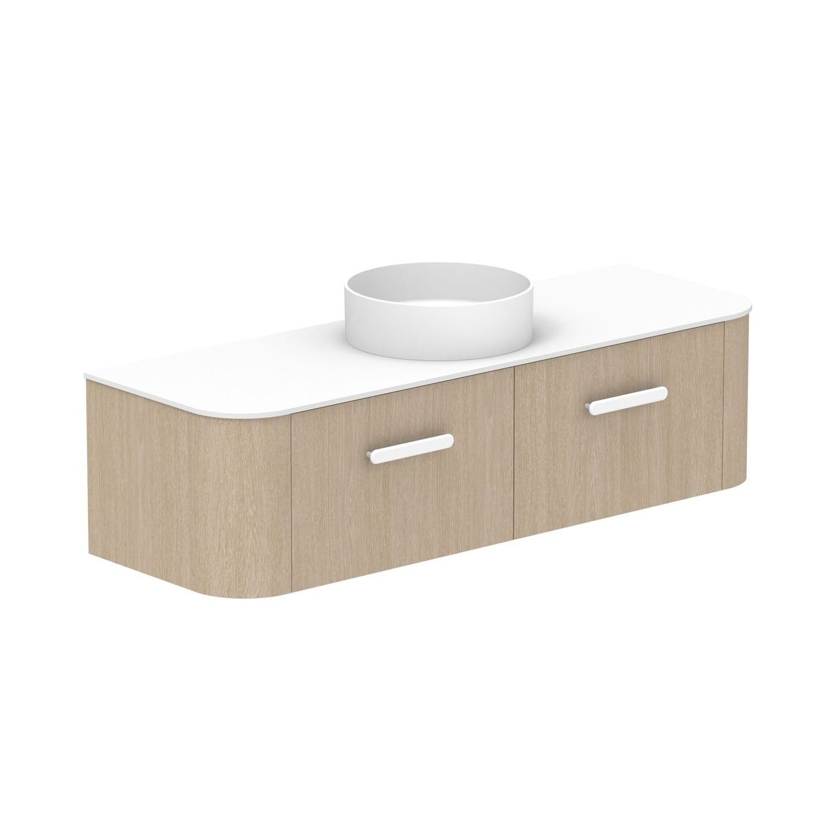 ADP Surry wall hung vanity with white Durasein benchtop, woodgrain finish, curved ends and two drawers, shown in 3/4 view