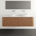 ADP Surry wall hung vanity with woodgrain finish and white benchtop, shown with twin vessel basins in a bathroom setting