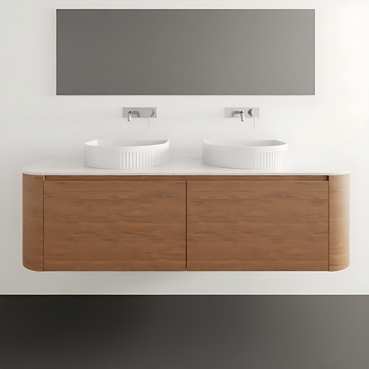 ADP Surry wall hung vanity with woodgrain finish and white benchtop, shown with twin vessel basins in a bathroom setting