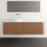 ADP Surry wall hung vanity with white benchtop and woodgrain drawers, shown with curved ends in a bathroom setting