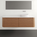ADP Surry wall hung vanity with woodgrain drawers and curved white Durasein benchtop in a modern bathroom setting