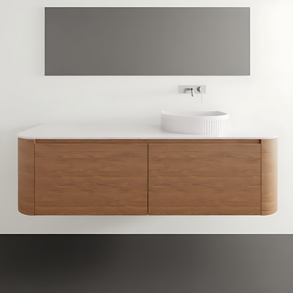 ADP Surry wall hung vanity with woodgrain drawers and curved white Durasein benchtop in a modern bathroom setting