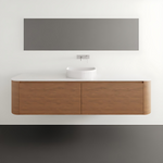 ADP Surry wall hung vanity with woodgrain drawers and white Durasein benchtop, featuring a curved basin in a minimalist bathroom setting