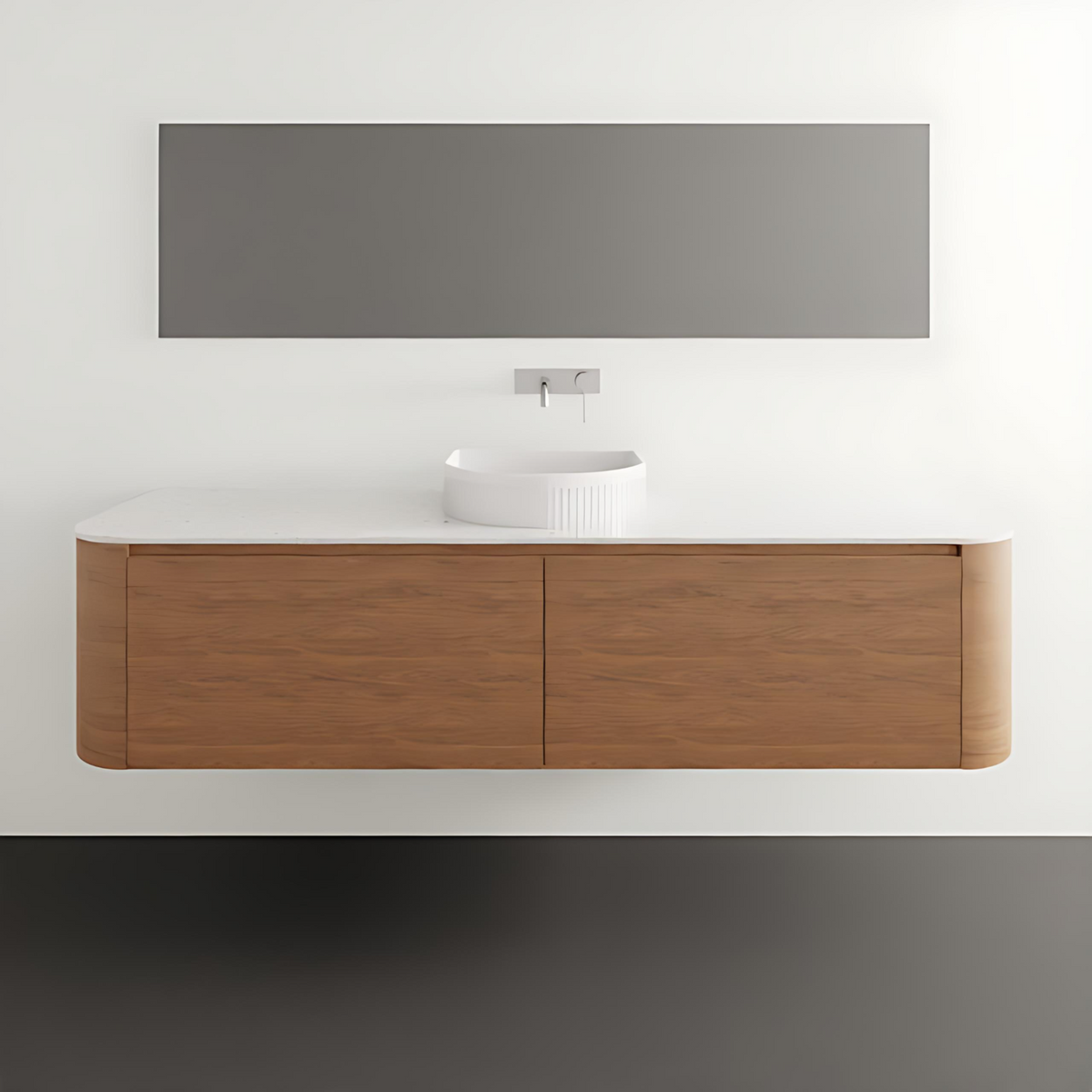 ADP Surry wall hung vanity with woodgrain drawers and white Durasein benchtop, featuring a curved basin in a minimalist bathroom setting