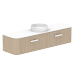 ADP Surry wall hung vanity with white Durasein benchtop, woodgrain finish and curved ends, shown with a left bowl.