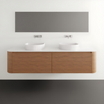ADP Surry wall hung vanity in woodgrain with white Durasein benchtop, dual basins and curved ends