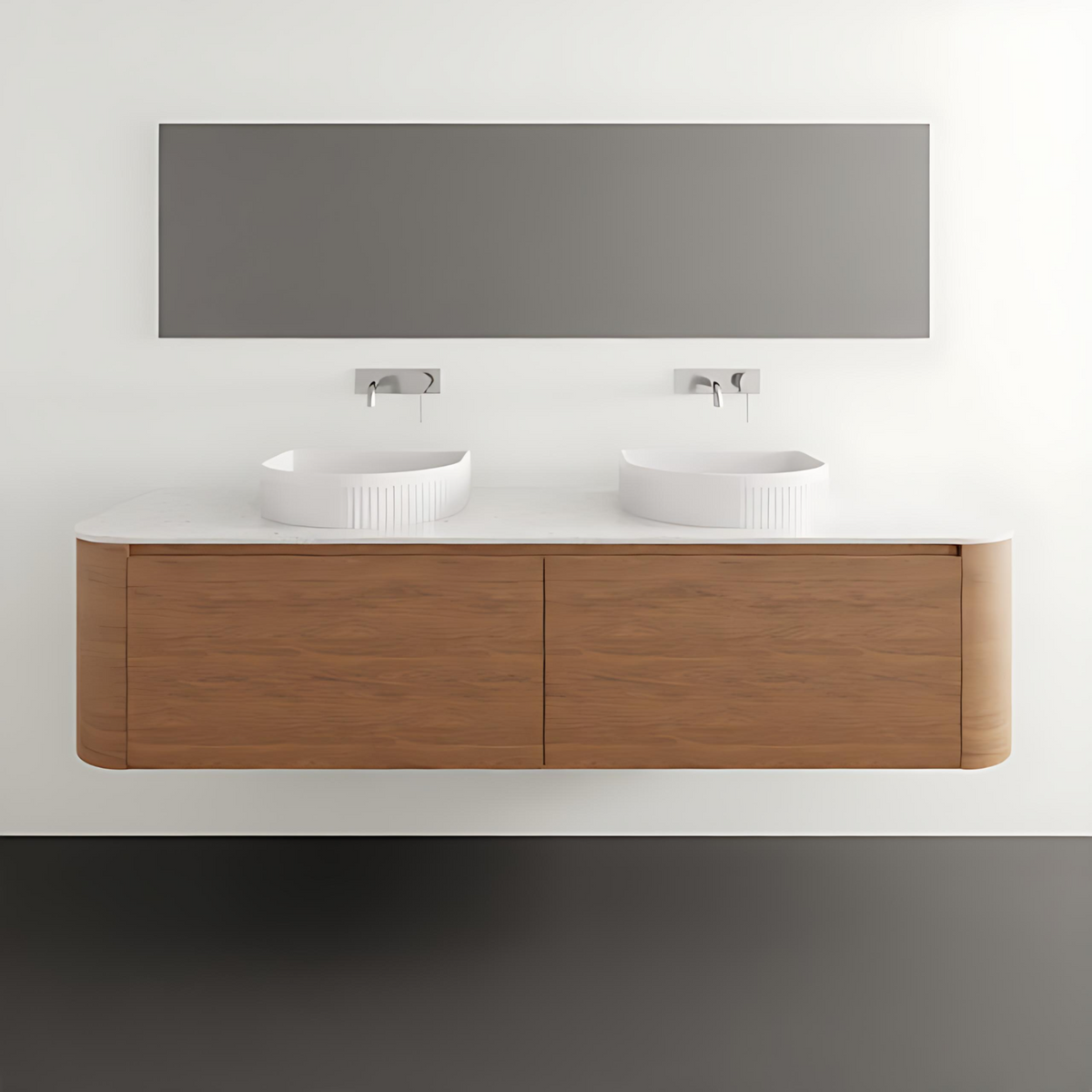 ADP Surry wall hung vanity in woodgrain with white Durasein benchtop, dual basins and curved ends