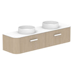 ADP Surry wall hung vanity, woodgrain finish with white benchtop and twin round basins, angled view