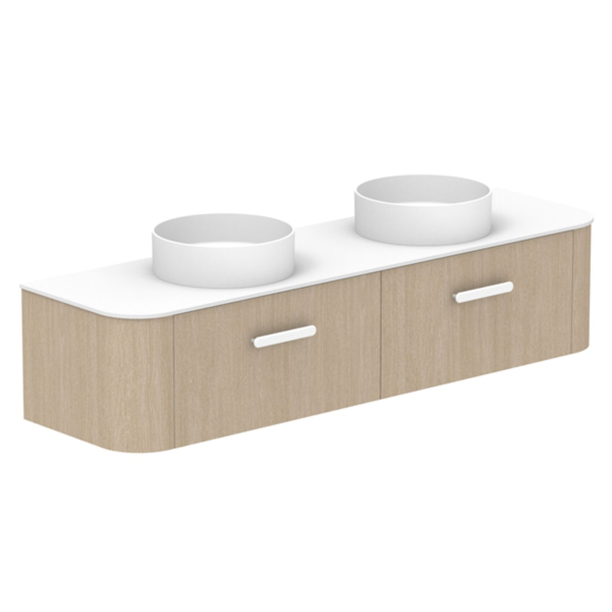 ADP Surry wall hung vanity, woodgrain finish with white benchtop and twin round basins, angled view