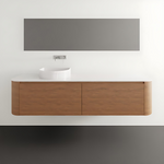 ADP Surry wall hung vanity in woodgrain finish with white benchtop and curved ends, front view with round basin inset