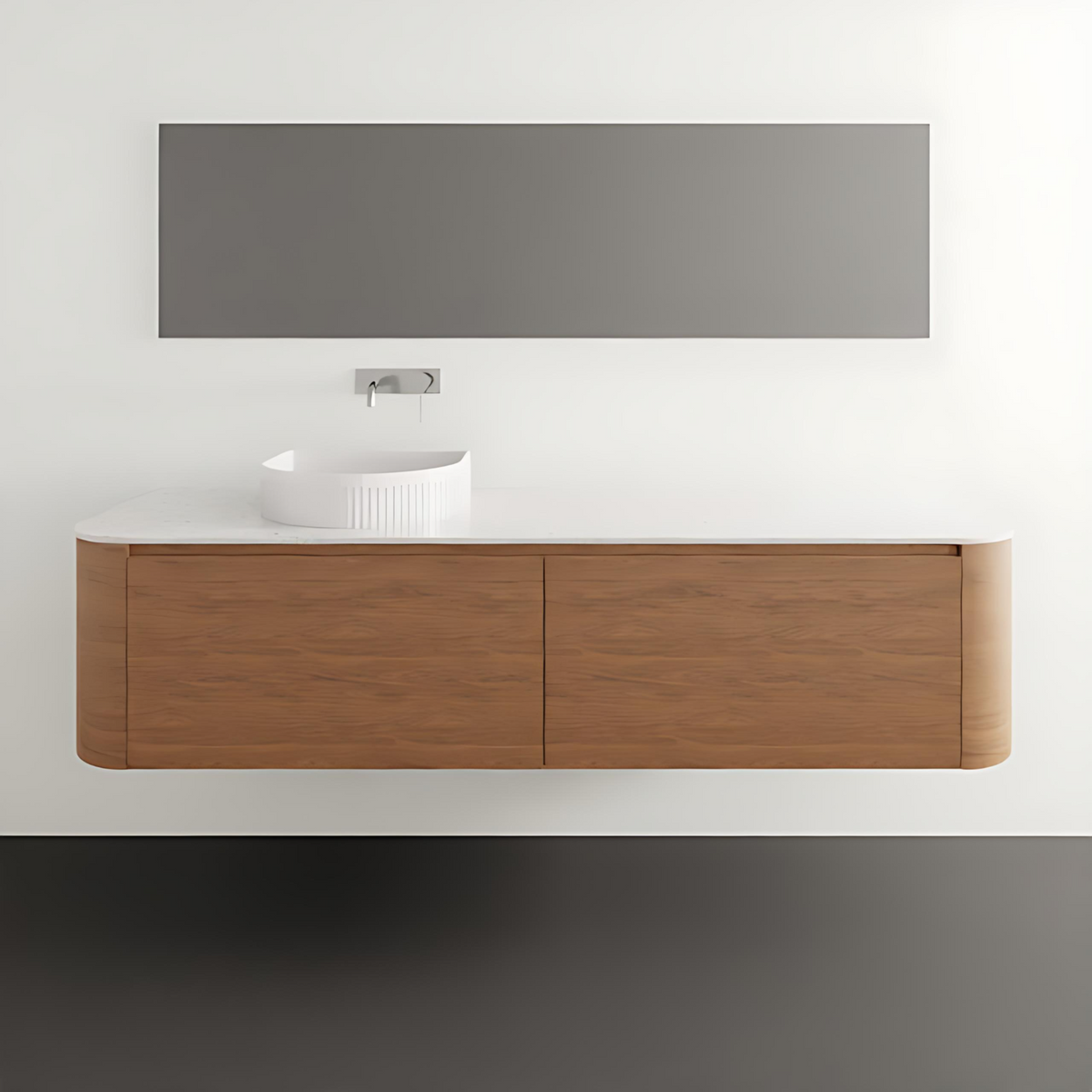 ADP Surry wall hung vanity in woodgrain finish with white benchtop and curved ends, front view with round basin inset