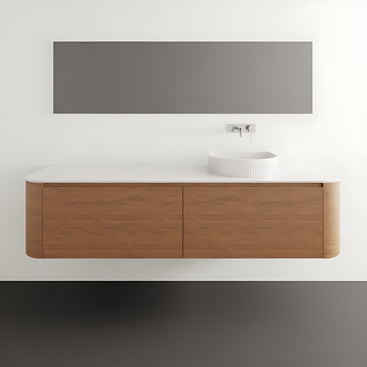 ADP Surry wall hung vanity in woodgrain with white Durasein benchtop and curved edges, shown in a minimalist bathroom setting