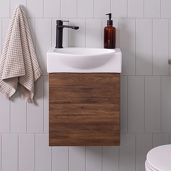 ADP Tiny semi-recessed wall hung vanity 400mm in aged walnut finish with gloss white basin and black tapware