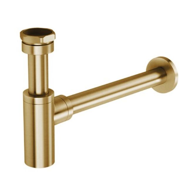 ADP Waterloo bottle trap in brushed brass, wall-mounted basin waste trap, side view on white background