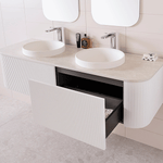 ADP Waverley wall-hung vanity with ribbed white fronts, bright white benchtop and double basins in bathroom setting