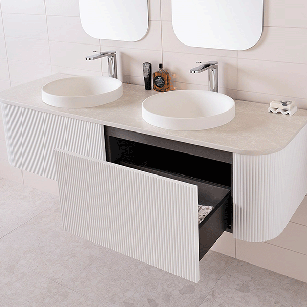 ADP Waverley wall-hung vanity with ribbed white fronts, bright white benchtop and double basins in bathroom setting