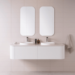 ADP Waverley wall-hung vanity in white woodgrain, with twin round basins and curved drawers, shown in bathroom setting