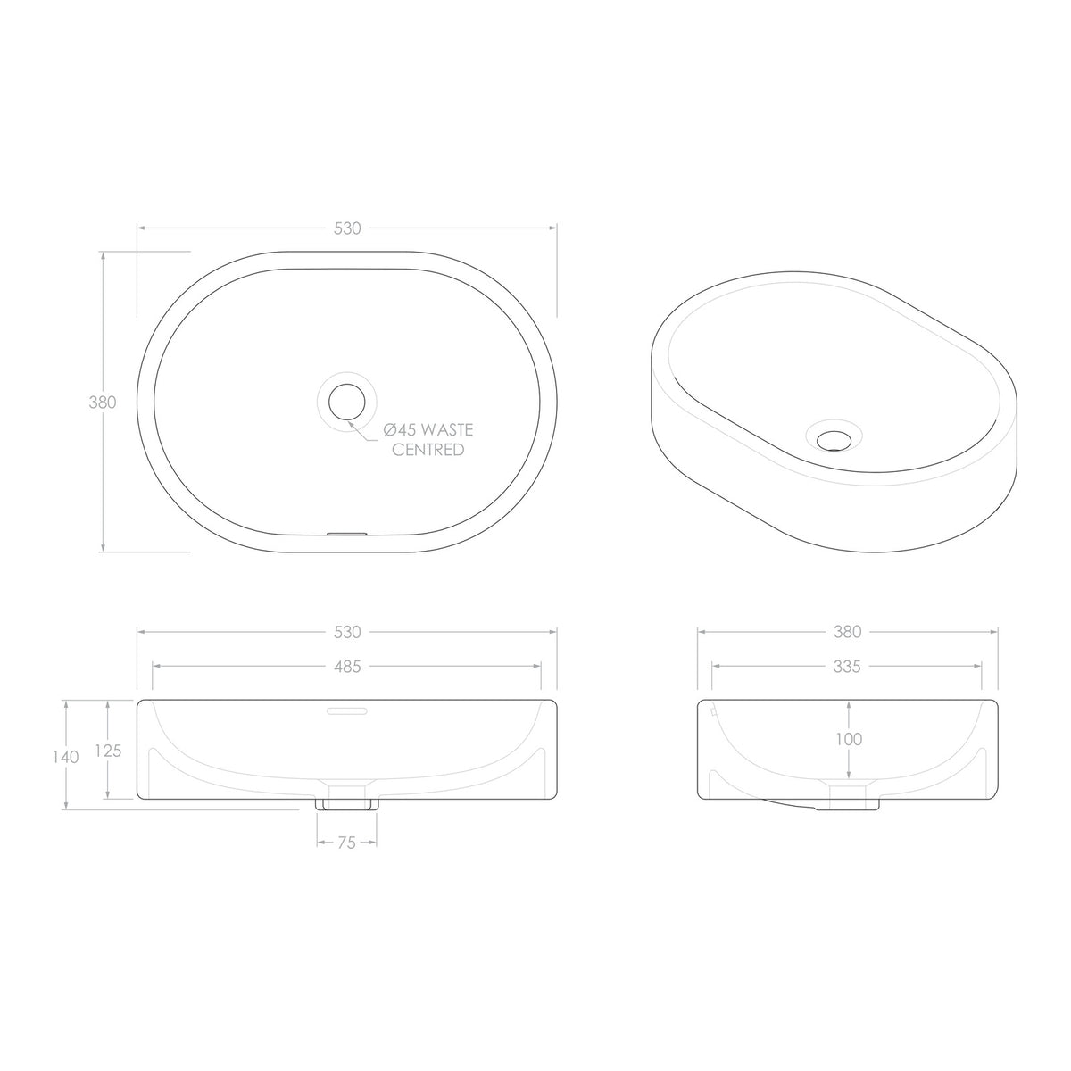 ADP Werri 530 x 380 Above Counter Basin - Matte White