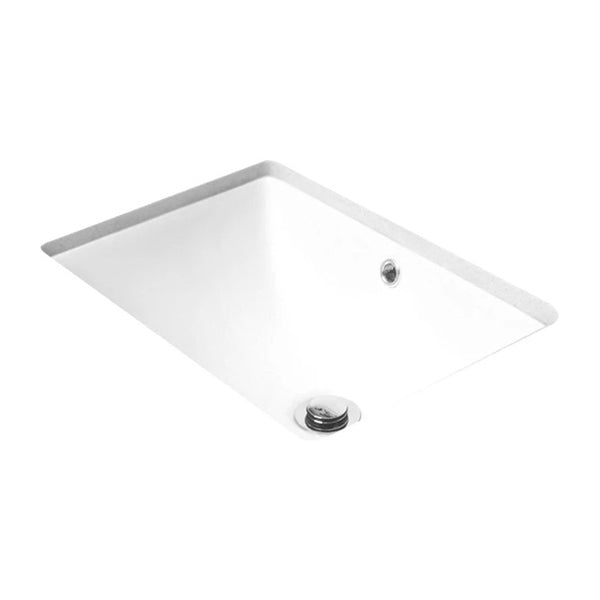 ADP white ceramic rectangular under counter bathroom basin with overflow, shown from below angled view