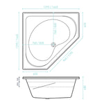 Technical drawing of Decina Angelique inset corner bath in white, showing top and side views with dimensions 1295/1465mm and 480mm depth