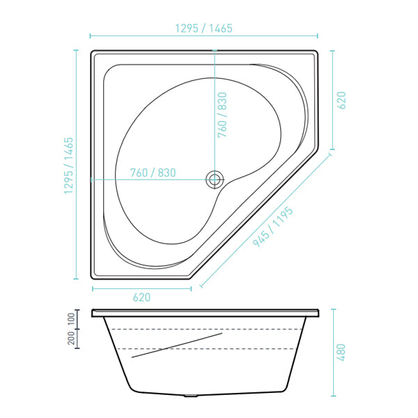 Technical drawing of Decina Angelique inset corner bath in white, showing top and side views with dimensions 1295/1465mm and 480mm depth