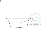 Technical drawing of Decina Angelique inset bath side profile, white acrylic bath with steel reinforcing bar detail and measurements.