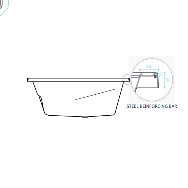Technical drawing of Decina Angelique inset bath side profile, white acrylic bath with steel reinforcing bar detail and measurements.