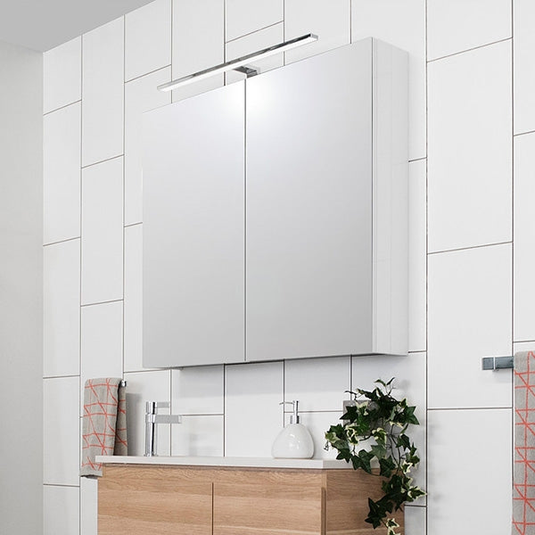 ADP Glacier Lite mirrored shaving cabinet in white, wall-mounted above vanity with overhead light, two-door rectangular front