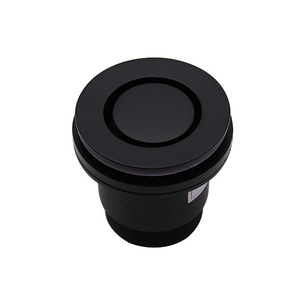 ART Australia matte black round bath pop down plug and waste, 40mm, top view on white background