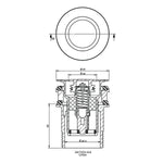 Technical drawing of ART Australia Basin Pop Down universal plug and waste, brushed gold, round top and section view with dimensions.