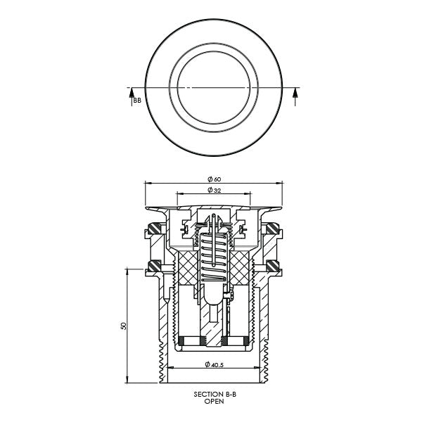 ART Australia Basin Pop Down® waste, round gun metal grey technical drawing, open section view with dimensions